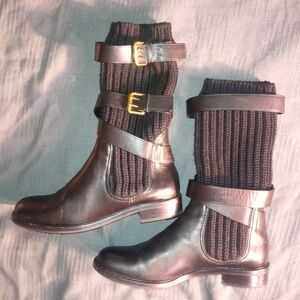 Gucci Black Leather And Knit Pull On Women's Riding/ Moto Boots. Sz 37.5 7.5US.